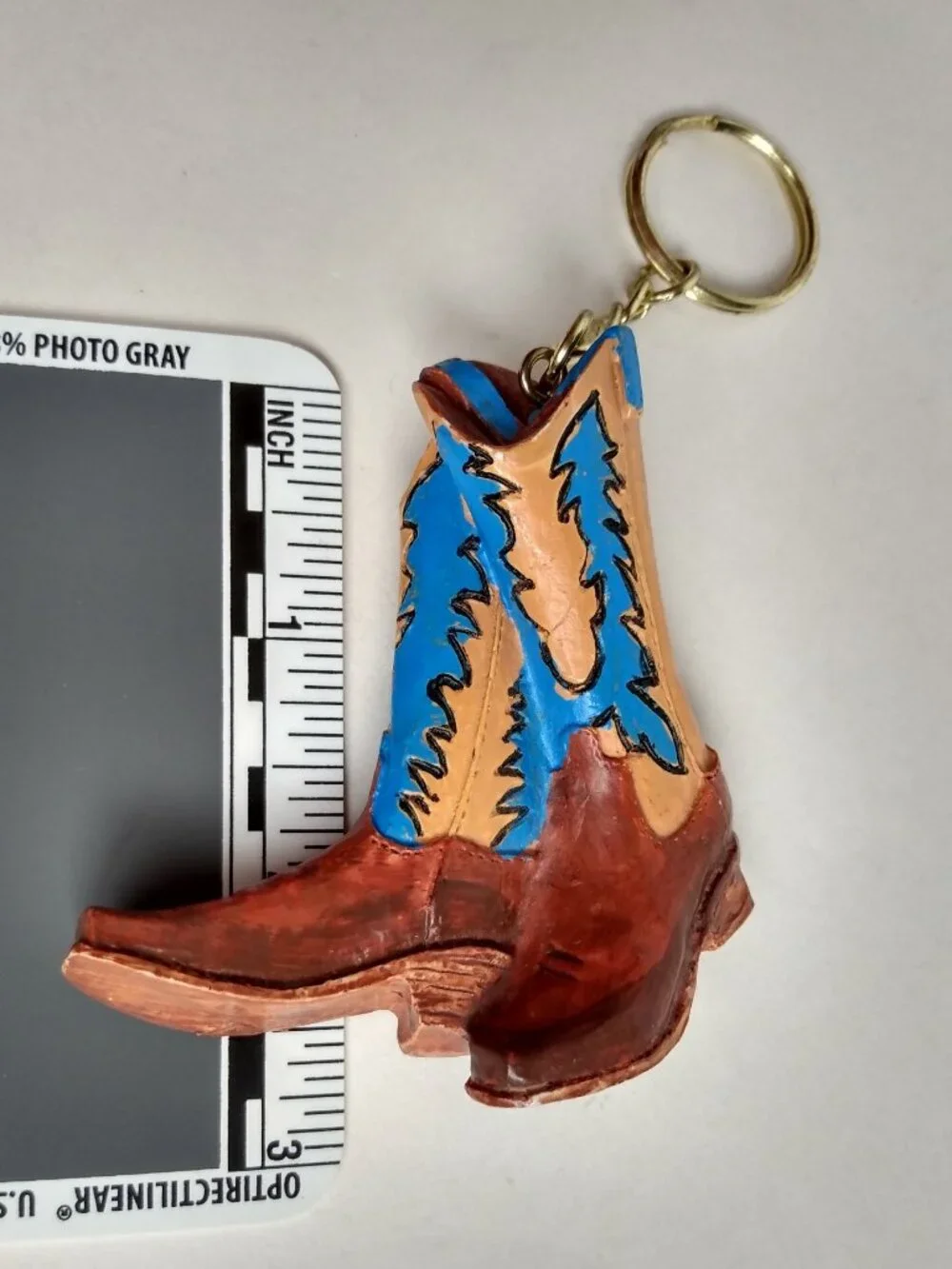 Vtg Tiny Pair of Cowboy Boots Keychain Keyring Hand Painted Blue Brown Western
